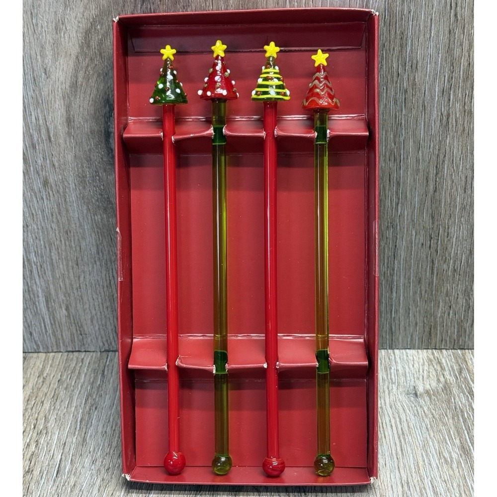 PIER 1 IMPORTS Glass Swizzle Stir Sticks Lot Of Four (4) Christmas Trees Stars - Picture 4 of 8